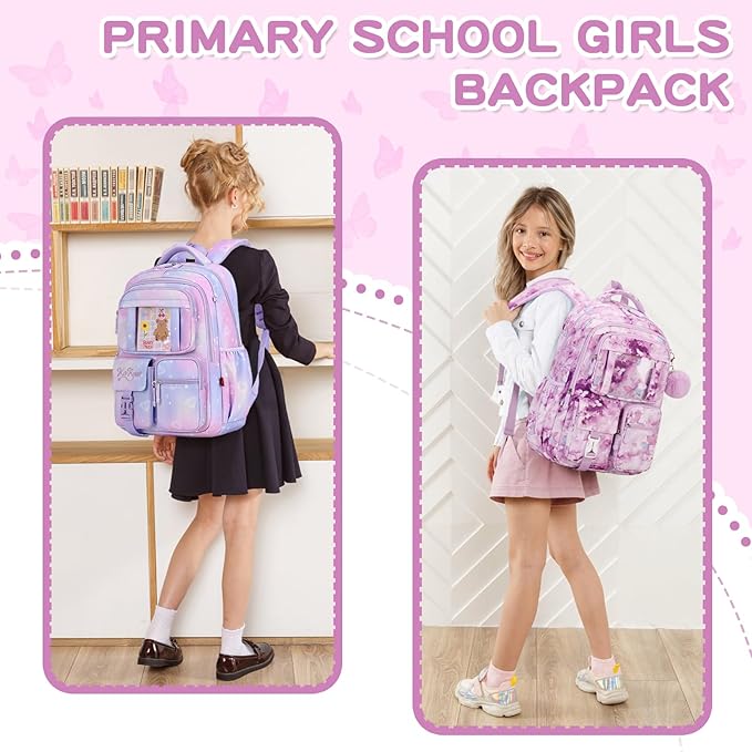 PIG PIG GIRL Kids Backpack for Girls School Bags for Middle School Students Book Bag for Elementary Primary Kawaii Ita Backpack, Purple Butterfly