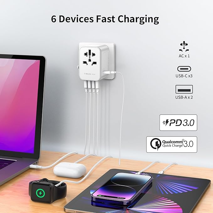 MOMAX Universal Travel Adapter, PD 35W Fast International Power Adapter, 3 USB C & 2 USB A, Worldwide Travel Plug Adapter, International Power Adapter for Europe, USA, Japan, Australia (Type C/A/G/I)
