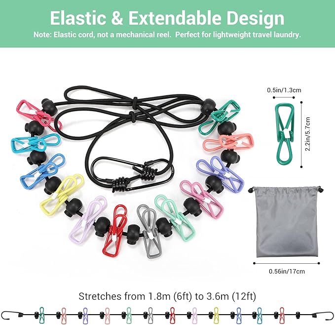 Retractable Portable Travel Clothesline with 12 Clips, Indoor Outdoor Clothes Drying Rack for Hotel, Cruise, Camping Accessories
