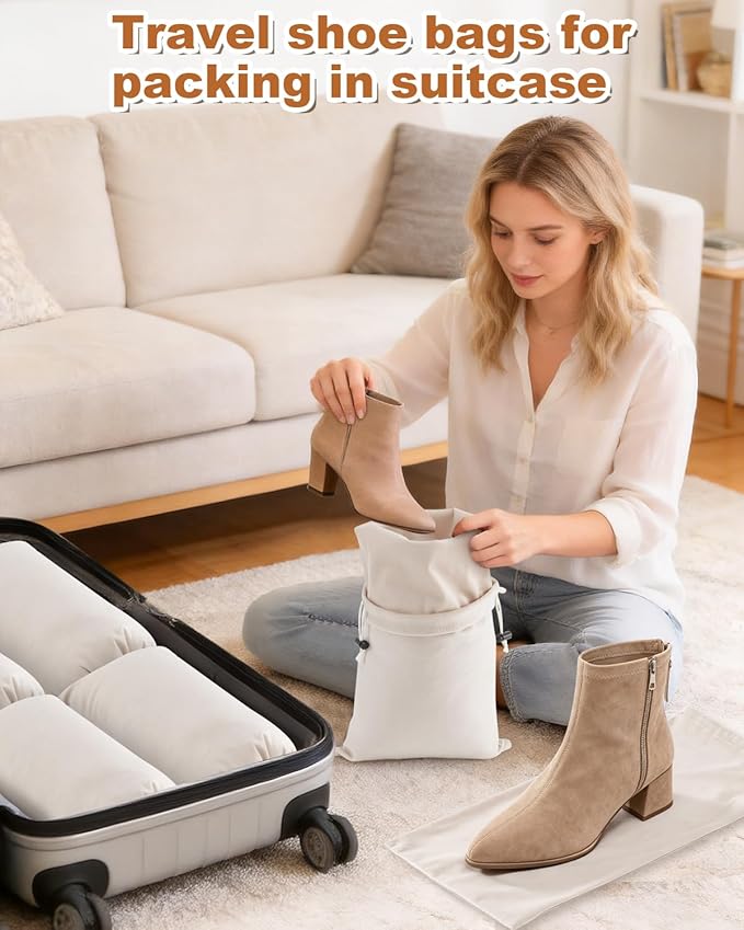 6 Pcs Single Shoe Bags for Travel, 17.3"x8.6" Washable Travel Shoe Bags for Packing in Suitcase, Velvet Dust Bag with Drawstring, Shoe Pouch for Women and Men, Travel and Home Storage (Beige)