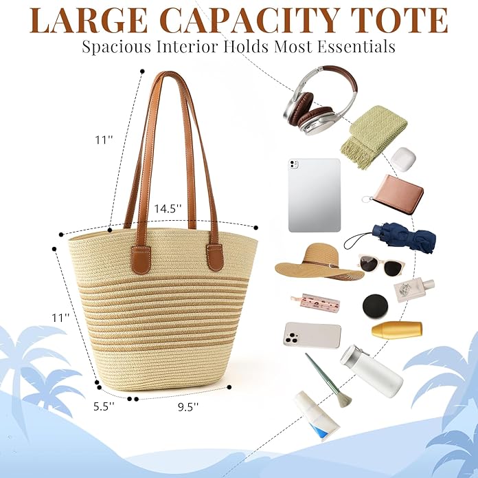 Beach Bags for Women, Summer Straw Beach Bag Straw Purse Shoulder Handbags Large Beach Tote for Summer Vacation