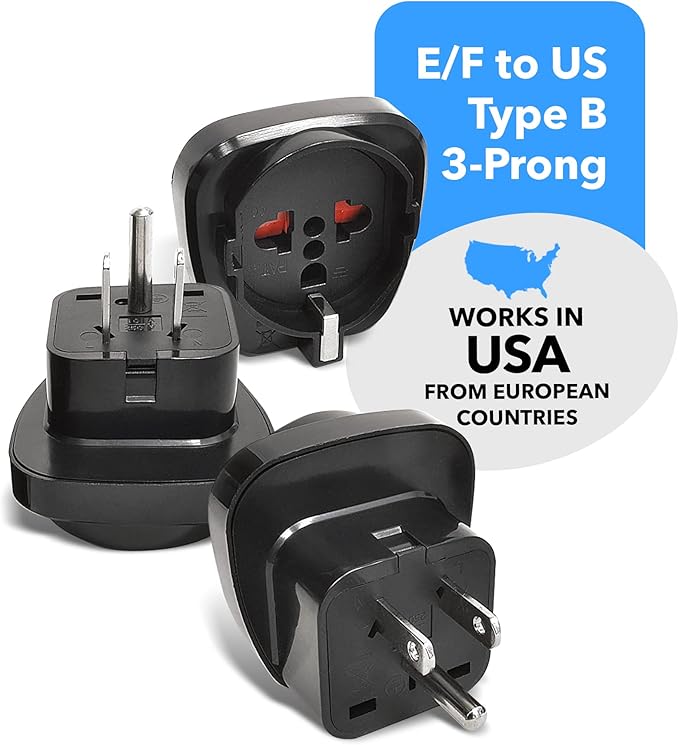 OREI Europe to US Plug Adapter, Grounded European to USA Adapter, American Outlet Plug Adapter, EU to US Adapter, Europe to USA Travel Plug Converter (3 Pack) GP-95