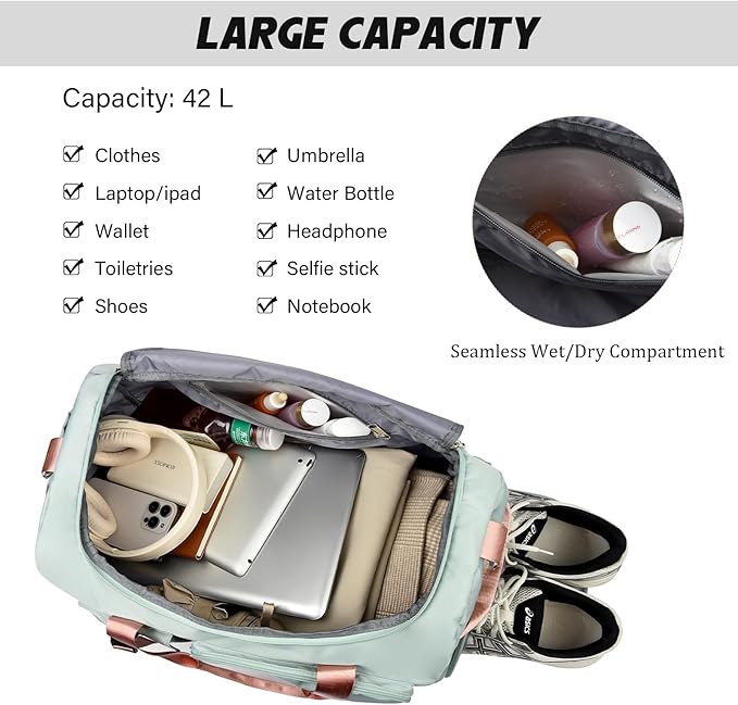 Eslcorri Gym Duffle Bag for Women Men, Sports Backpack with Wet & Shoe Compartment, Fitness Overnight Weekender Bag for Yoga, Swim, Travel (Style B, Blue)