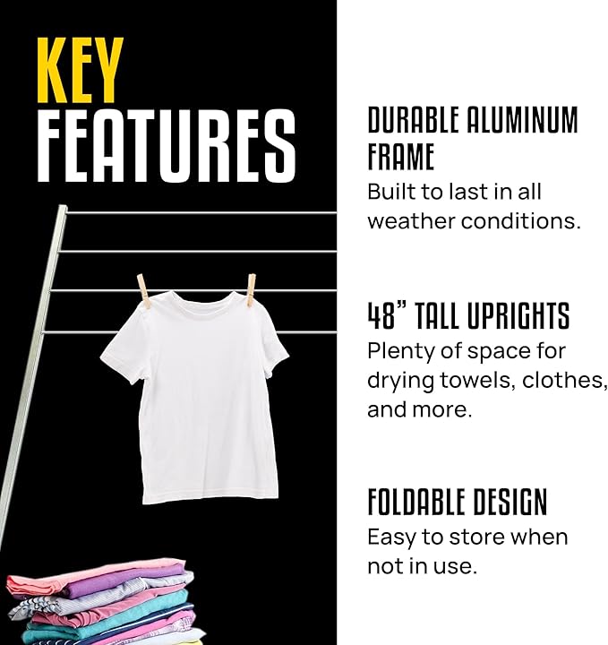 Stromberg Carlson CL-100 Bumper Mounted Clothesline - 48" aluminum foldable travel drying rack for RV Bumper, camper, and outdoor use; 84" hanging space, ideal RV clothesline and camping laundry rack.