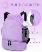 RHDZO Drawstring Backpack Gym Backpack with Shoe Compartment for Men Women String Sports Bag with Wet Pocket Cinch Swim Beach Bag, Large Purple