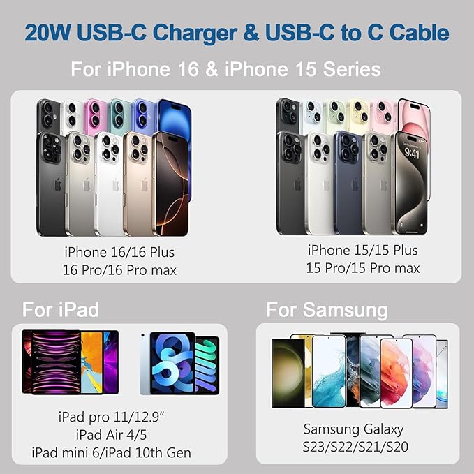 iPhone 15 16 Charger Fast Charging,Extra Long 10FT USB C to USB C Cable 20W USBC Apple Fast Charger Block for iPhone 16/16 Plus/16 Pro/16 Pro Max/16e/15/15 Plus/15 Pro/15 Pro Max/iPad Pro/Air/AirPods