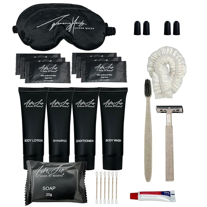 24 Piece Hotel and B&B Toiletry Kit | 1oz Shampoo, Conditioner, Body Wash, Lotion, Bar Soap, Shower Cap, Razor, Toothbrush, Qtips & Makeup Wipes (Kit, 50)