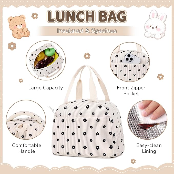 PIG PIG GIRL Corduroy Backpack 3PCS Kids Backpack for Girls School Bags for Middle School Students Book Bag for Elementary Primary Kawaii Ita Backpack with Lunch Box Pencil Case Set, Flower