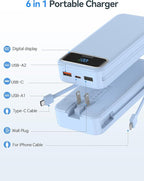 20000mAh Lightweight-Portable-Charger-Power-Bank with Built-in Cables and AC Wall Plug, PD20W USB-C Fast Charging Battery Pack, LED Display External Travel Phone Charger for All iPhone,Samsung,Android