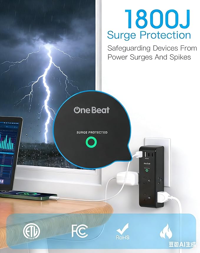 Surge Protector Outlet Extender with Rotating Plug, 6 AC Multi Plug Outlet with 4 USB Ports (2 USB C), 3-Sided 1800 J Swivel Power Strip with Spaced Outlet Splitter for Home Dorm, Black, 2 Pack
