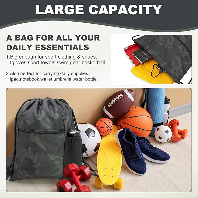 HOLYLUCK Men & Women Outdoor Sport Gym Sack Waterproof Drawstring Backpack Bag (Standard with drawstring, Black Camo)