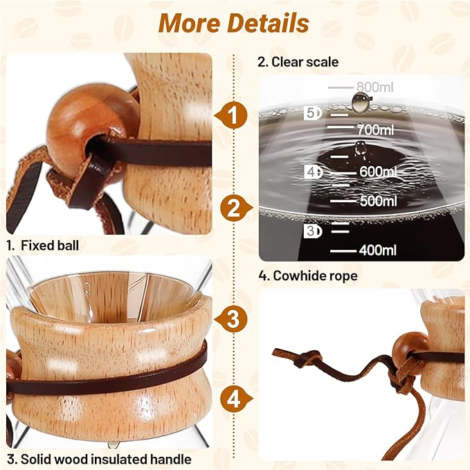 Coffee Pour Over 27.1oz 800ml High Borosilicate Glass Pour Over Coffee Maker Set Camping with Reusable 304 Stainless Steel Filter Hand Brew Carafe Drip Suitable for Electric Ceramic Stove