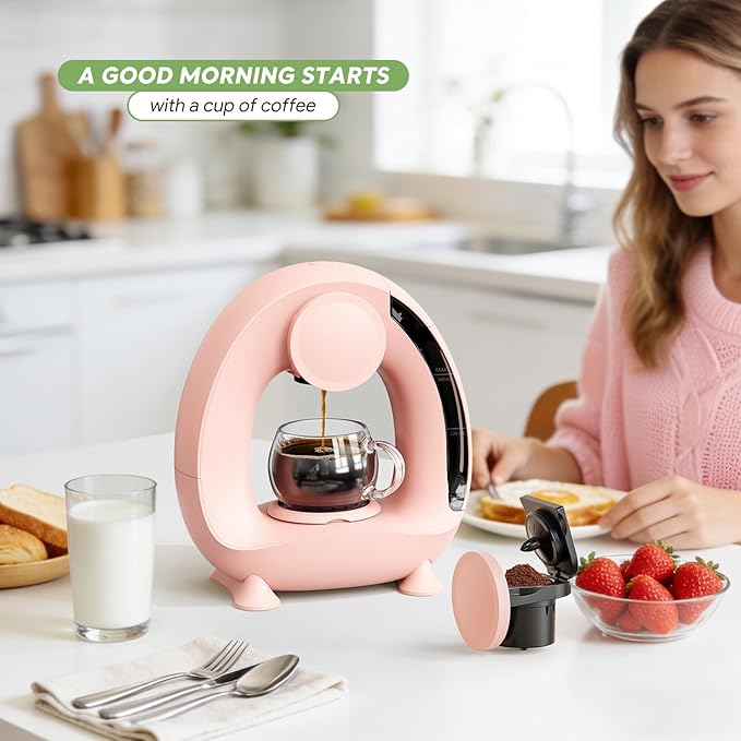Pod and Grounds Single-Serve Coffee Maker, 2 in 1 One Cup Coffee Machine Compatible with K-Cup Pod & Coffee Grounds/Tea, Compact Design, 4-8oz, Pink