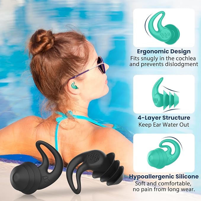 Waterproof Ear Plugs for Swimming Adults - 4 Pairs Reusable Silicone Ear Plugs for Women & Men, Keep Ear Water Out Swimming, Showering, Bathing, Surfing, Water Sports
