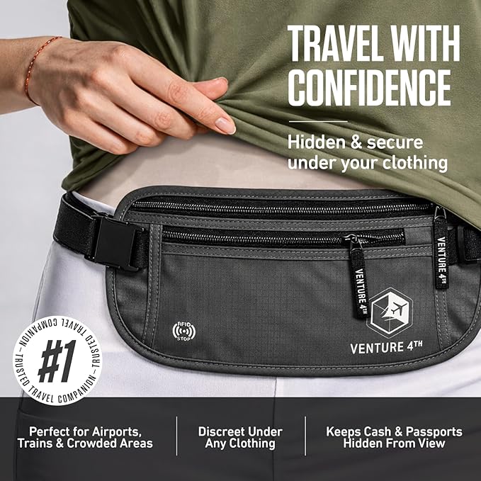 VENTURE 4TH RFID Money Belt for Travel with RFID Blocking Sleeves – Slim Hidden Travel Wallet & Passport Holder for Men & Women, Lightweight Anti-Theft Pouch to Protect Cash, Cards & Documents - Gray