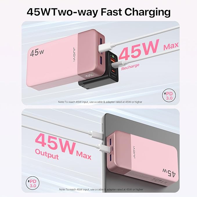 JUOVI J2621 Power Bank Portable Charger 20000mAh 45W, PD3.0 QC 4.0 Fast Charging Battery Pack with LED Display,2 USB-C,2 USB-A for iPhone 15 16, MacBook