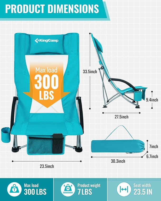 KingCamp Low Beach Chair, High Back Folding Camping Chair for Adults, Oversized Breathable Mesh Seat, 300lbs Heavy Duty Portable Chair with Cup Holder & Storage Pockets for Beach, Outdoor