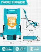 KingCamp Low Beach Chair, High Back Folding Camping Chair for Adults, Oversized Breathable Mesh Seat, 300lbs Heavy Duty Portable Chair with Cup Holder & Storage Pockets for Beach, Outdoor