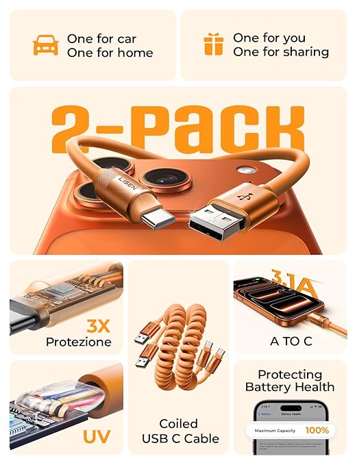LISEN Coiled USB C Cable, 2 Pack for Android Auto & CarPlay Cable, Short Orange USB C Cable Compatible with iPhone 17 Pro Max Orange/16/15, Samsung Galaxy S25/S24/S23 A15/A14