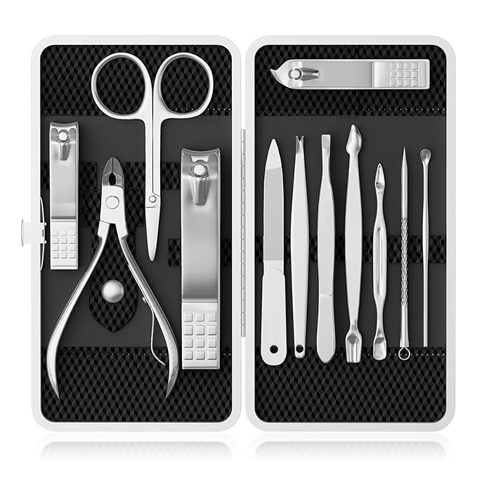 ZIZZON Manicure, Pedicure Kit, Nail Clippers Set of 12Pcs, Professional Grooming Kit, Nail Tools with Luxurious Travel Case Black