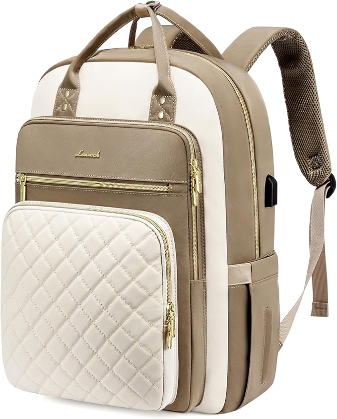 LOVEVOOK Laptop Backpack Purse for Women, 17" Laptop Bag with USB Port, Water Resistant Lightweight Daypacks for College Travel Work Business, Nurse Teacher Computer Bags, Khaki Beige