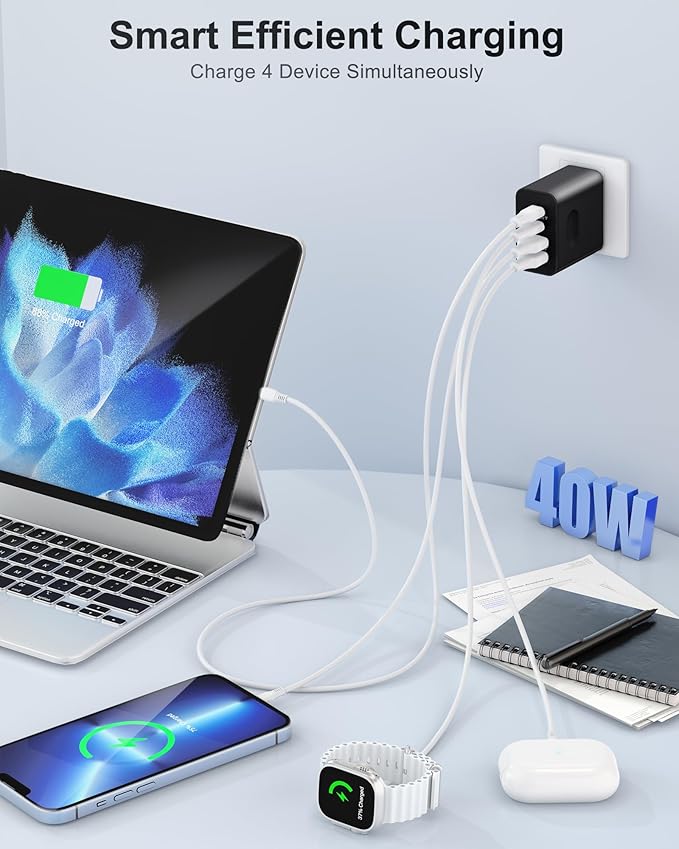 [4 Pack] USB C Charger Block, 40W 4-Port Type C Fast Charging Block Dual Port USB-C Power Adapter + Double Wall Plug Multiport USBC Brick for iPhone 16 15 14 13 12 11 Pro Max, Samsung Cube