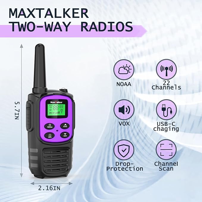 MaxTalker Walkie Talkies Long Range for Adult, MT10 Rechargeable Walkie Talkies FRS Two Way Radio, NOAA, 1200mAh Li-ion Battery USB-C Cable, LED Flashlight,VOX Walkie Talkie for Camping 2Pack (Purple)