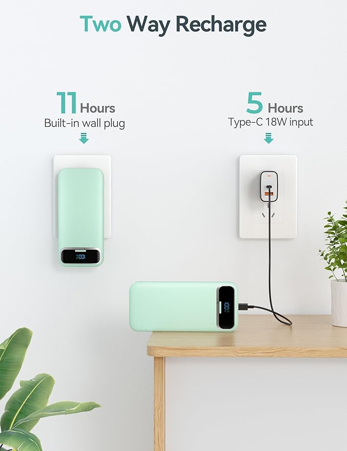 20000mAh Lightweight-Portable-Charger-Power-Bank with Built-in Cables and AC Wall Plug, PD20W USB-C Fast Charging Battery Pack, LED Display External Travel Phone Charger for All iPhone,Samsung,Android