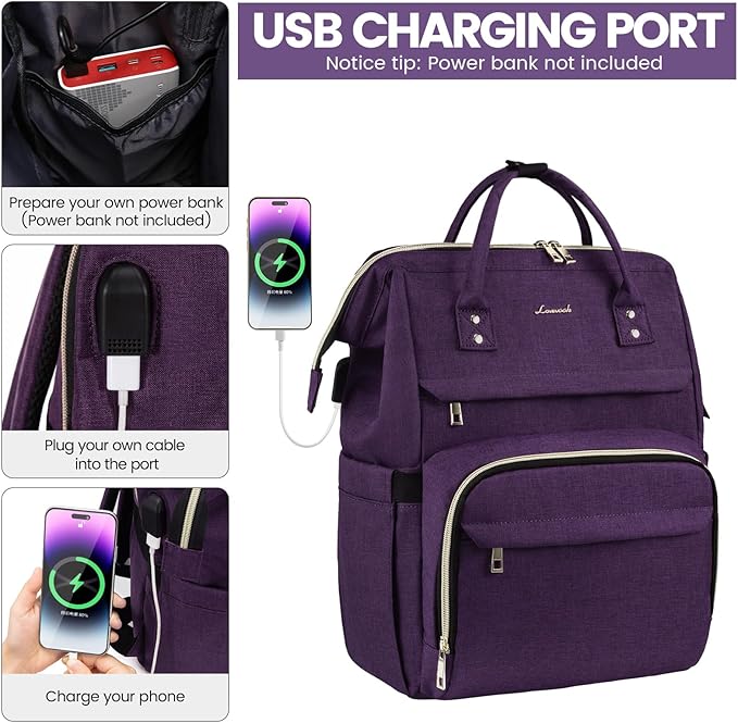 LOVEVOOK Laptop Backpack for Women,18 Inch Professional Womens Travel Backpack Purse Computer Laptop Bag Nurse Teacher Backpack,Waterproof Work Bags Carry on Back Pack with USB Port,Dark Purple