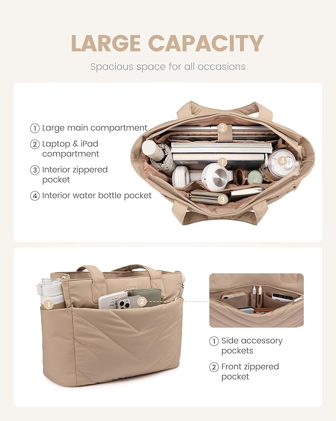 LOVEVOOK Tote Bag for Women, Puffer Work Travel Handbag with Zipper for Teacher Nurse, Quilted Cute Laptop Shoulder Gym Bag