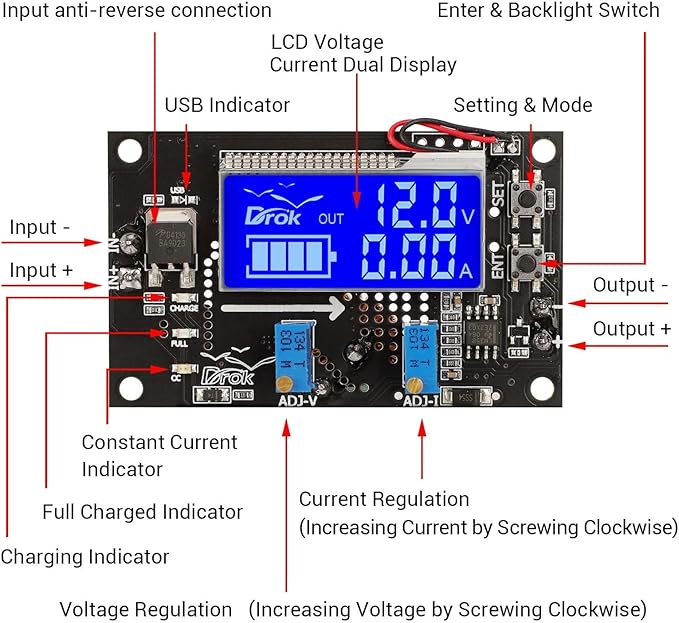 DROK DC Voltage Regulator Adjustable - 2pcs LCD Display Boost Converter 6-30V to 7-32V 5A, 12v to 24v DC Step Up Converter with Protective Case