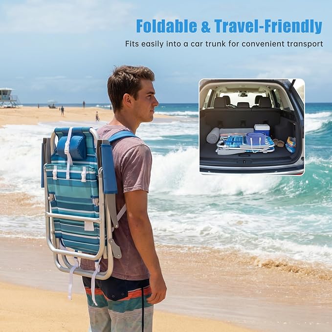 SUNNYFEEL Low Beach Chair, 5-Position Lay Flat Reclining, Backpack Portable Folding Chair with Cooler Bag & Cup Holder, Heavy Duty 350 LBS, Compact for Beach, Camping, Travel