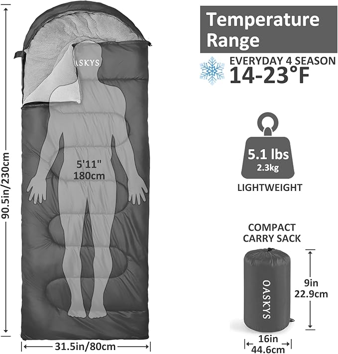 oaskys Camping Sleeping Bag - 3 Season Warm & Cool Weather - Summer Spring Fall Lightweight Waterproof for Adults Kids - Camping Gear Equipment, Traveling, and Outdoors