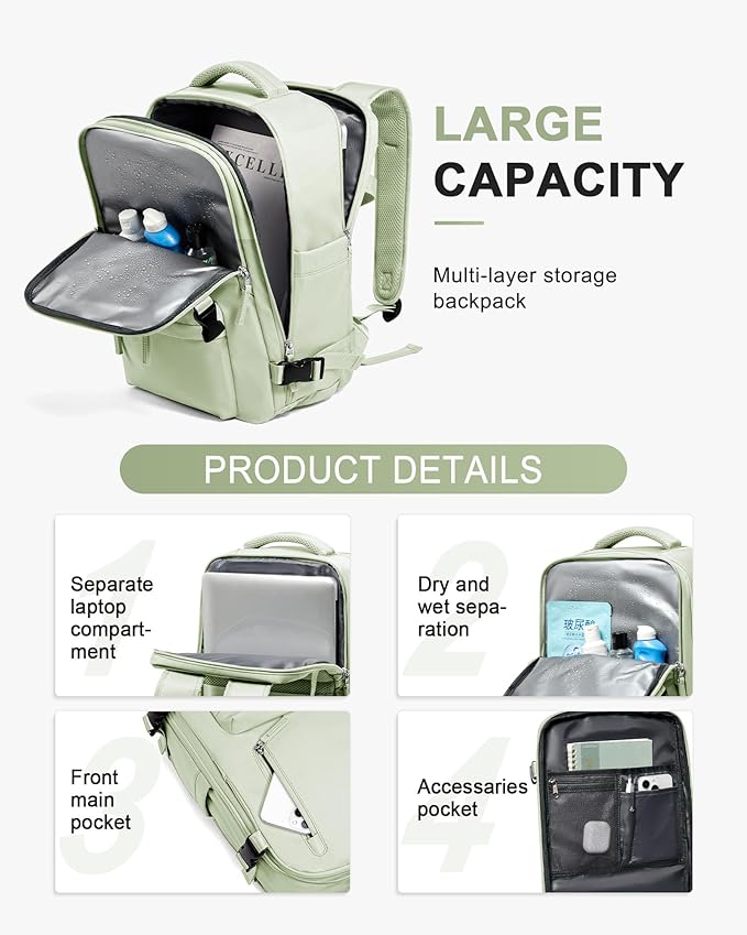 Travel Backpack Women,Carry On Backpack Flight Approved 18x14x8 inches Bag Spirit Airlines Personal ltem,College Sports Hiking Rucksack Waterproof Casual Daypack Laptop Blackpack Men, MintGreen