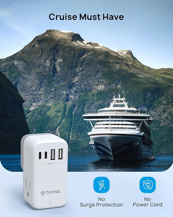 TROND Outlet Splitter with 360 Rotating Plug, 3 AC Plug Extender with 2 USB-C & 2 USB-A Ports, Additional Outlets Off to Side, Useful Adapter with Rotating Design for Home Travel Cruise Essentials