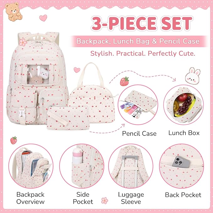 PIG PIG GIRL Corduroy Backpack 3PCS Kids Backpack for Girls School Bags for Middle School Students Book Bag for Elementary Primary Kawaii Ita Backpack with Lunch Box Pencil Case Set, Beige Strawberry