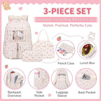 PIG PIG GIRL Corduroy Backpack 3PCS Kids Backpack for Girls School Bags for Middle School Students Book Bag for Elementary Primary Kawaii Ita Backpack with Lunch Box Pencil Case Set, Beige Strawberry