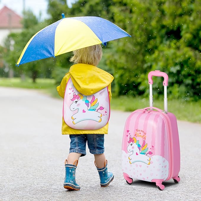 BABY JOY 2 Pcs Kids Luggage Set, 16" Carry-on Luggage Trolley Case & 12" Backpack w/Rolling Wheels, Retractable Handle, Lightweight Airline-approved Design, Kids Suitcase for Girls Boys (Lovely Pony)