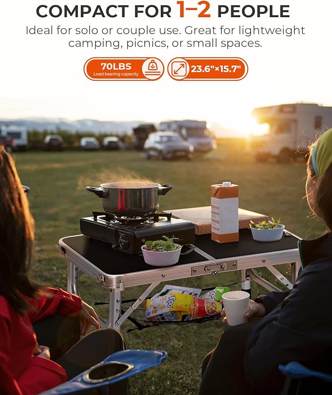 Sportneer Camping Table: Adjustable Height Small Folding Table 23.6" L x 15.7" W 4 Height with Mesh Layer - Compact & Portable Camping Essentials for Outdoor Camp Garden Picnic BBQ Dining Cooking