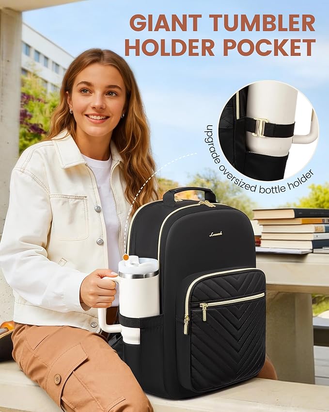 LOVEVOOK Laptop Backpack for Women with Giant Tumbler Holder 18.4 inch,Designer Travel Backpack Laptop Bag College Backpack,Quilted Work Nurse Teacher Backpack Purse Computer Bag Casual Daypack, Black