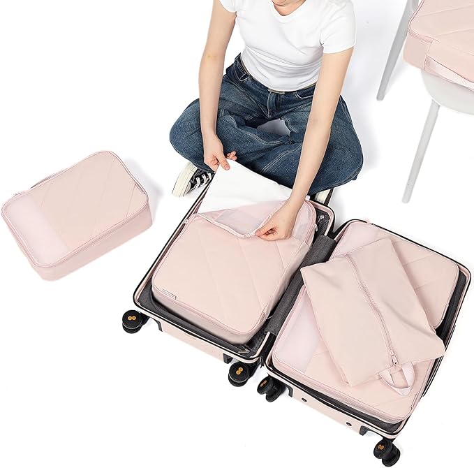 NISHEL 6 Set Packing Cubes for Travel, Luggage Organizer Bags with Shoe Bag, Lightweight, Durable Space Saver Bags Travel Essentials, Pink