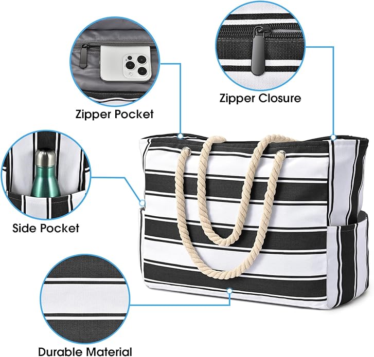 Becokan Beach Bags for Women Large Waterproof Beach Tote Bag Zipper Beach Bags Waterproof Sandproof Swim Pool Bag Large Tote