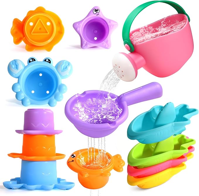 Fajiabao Baby Bath Toys for Kids Ages 1-3 Toddler Bath Toys Mold Free for 2-4 Bathtub Sand Beach Pool Water Toys for 1+ Year Old Girl Gifts 9 PCS (Color Random)