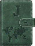 Personalized J Passport Holder Cover Initial Letter Travel Wallet RFID Blocking Passport Cover Credit Card Holder Case Passport Book Holders for Women and Men, Pine Green-J