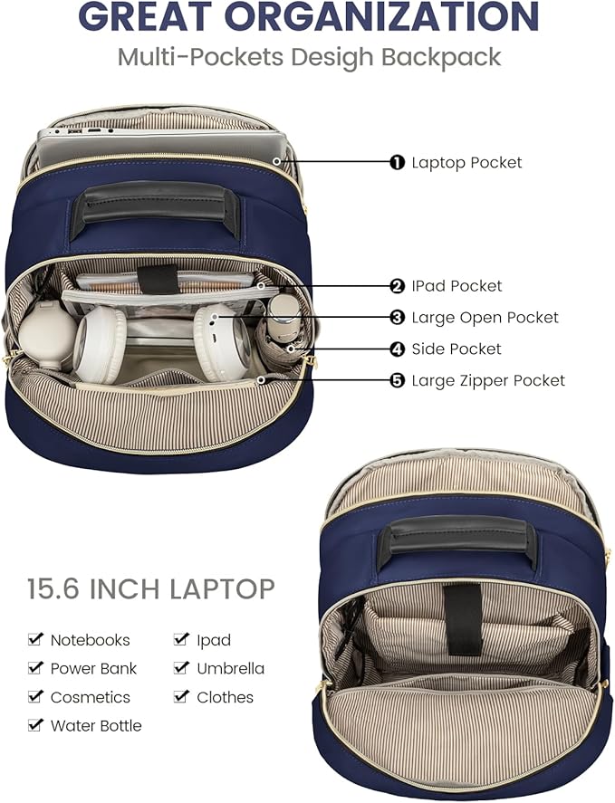 LOVEVOOK Laptop Backpack Purse for Women, Work Business Travel Computer Bags, College Nurse Backpack for Womens, Quilted Casual Daypack with USB Port, Fit 15.6 Inch Laptop, Navy