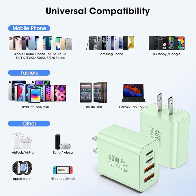 USB C Charger Block, 2 Pack 40W 4-Port iPhone Charger Fast Charging Multiport PD 3.0 & QC 4.0 Double Quick Charge, Compatible with iPhone 17/16/15/14/13/12/11，Pro Max，iPad, Samsung (2, Light Green)