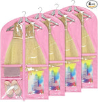 Univivi Dance Costume Bags Garment Bag 40 Inch Hanging Clothes for Dance Competitions, with 3 Medium Clear Zipper Pockets for Dance Costumes, Closet Storage (Pink) - 4 Pack