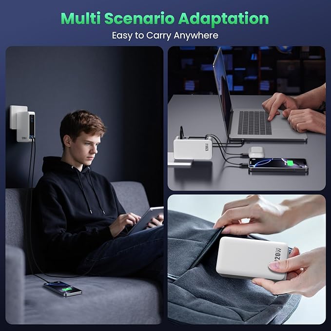 120W USB C Charger Block with 2 Built-in Retractable Cables,4-in-1 GaN IV Foldable Plug Wall Charger Fast Charging Station,PD 65W Laptop Adapter for MacBook/iPad,iPhone 17/16/15/14,Galaxy,Android etc