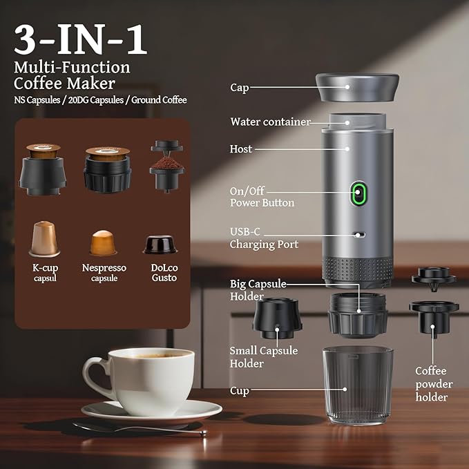 Portable Coffee Maker Espresso Machine, Travel Coffee Maker Self-Heating with USB-C Small Tea Cup, Compatible with Ground Coffee & NS Capsule for RV,Car, Hiking, Camping Office (Green)