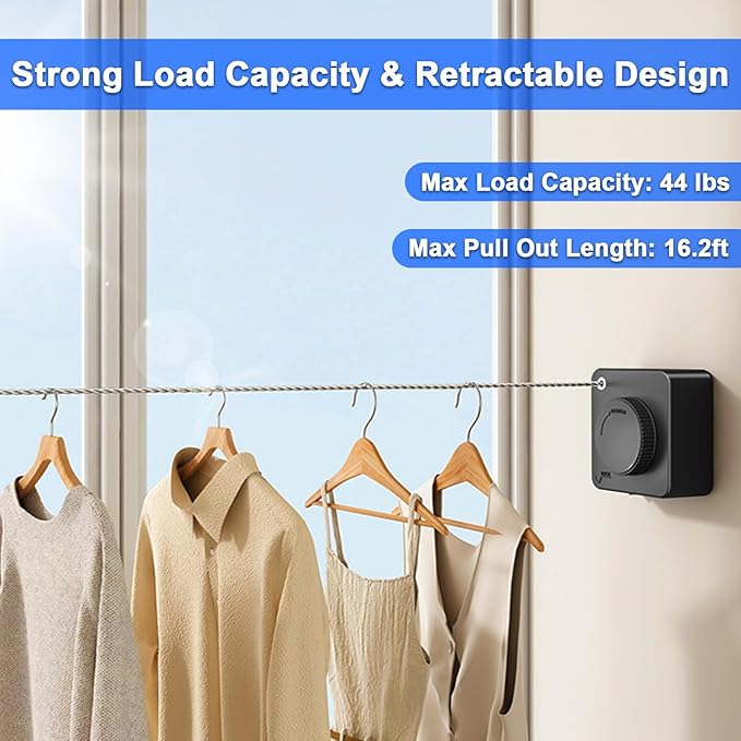 2 Pack Retractable Clothesline Indoor & Outdoor, 16.2 Ft Non-Sagging Stainless Steel Laundry Washing Line with Wall Mounted Heavy Duty Design, Space-Saving Clothing Drying Rack (Black)